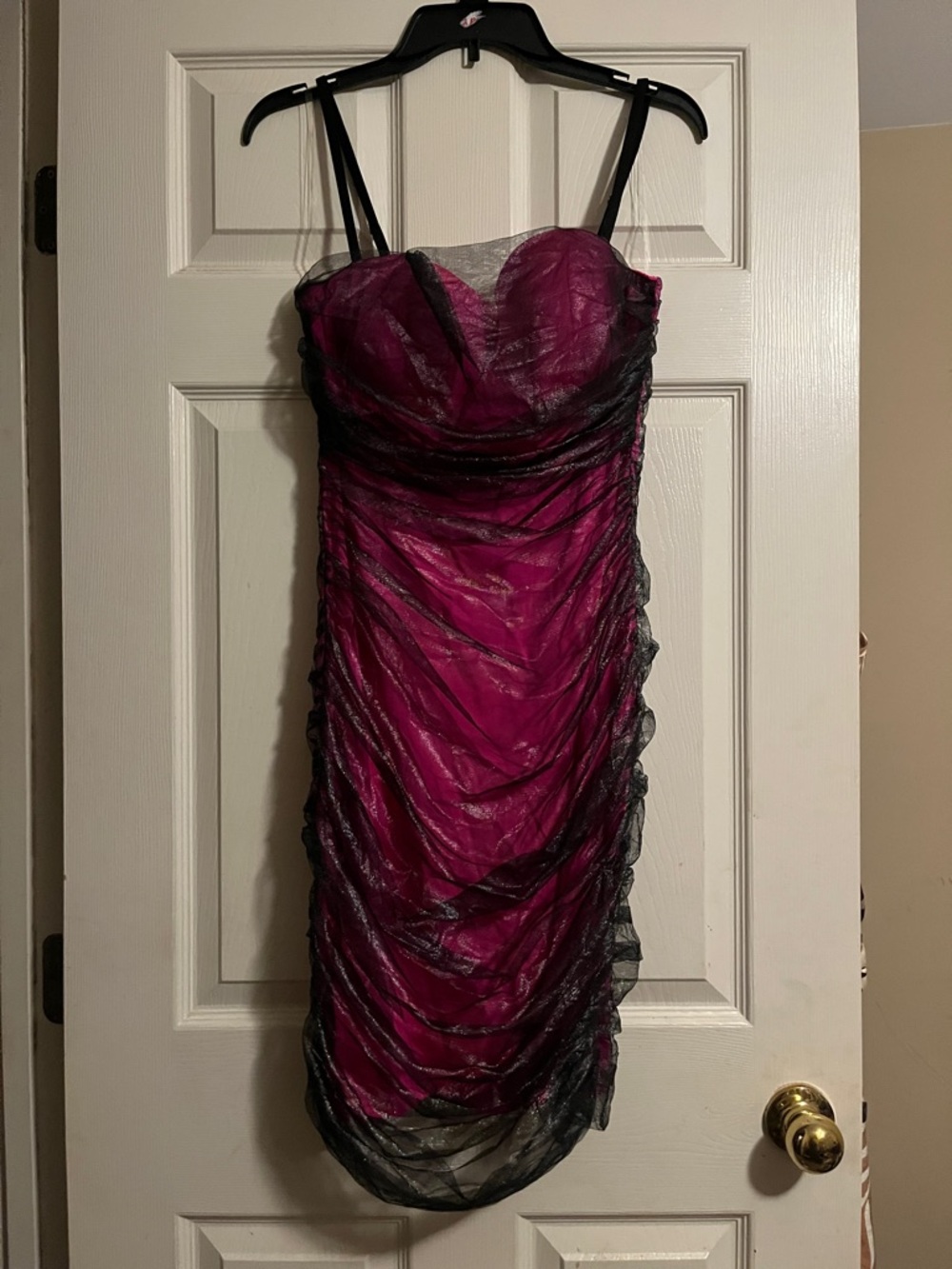 Fashion Nova Fuchsia Ruched Sheer Black-Trim Mini Dress